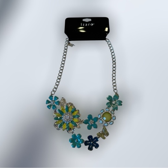 izaro Silver Chain Bib Necklace with Enamel Turquoise Flowers & Butterfly NEW - Picture 9 of 10